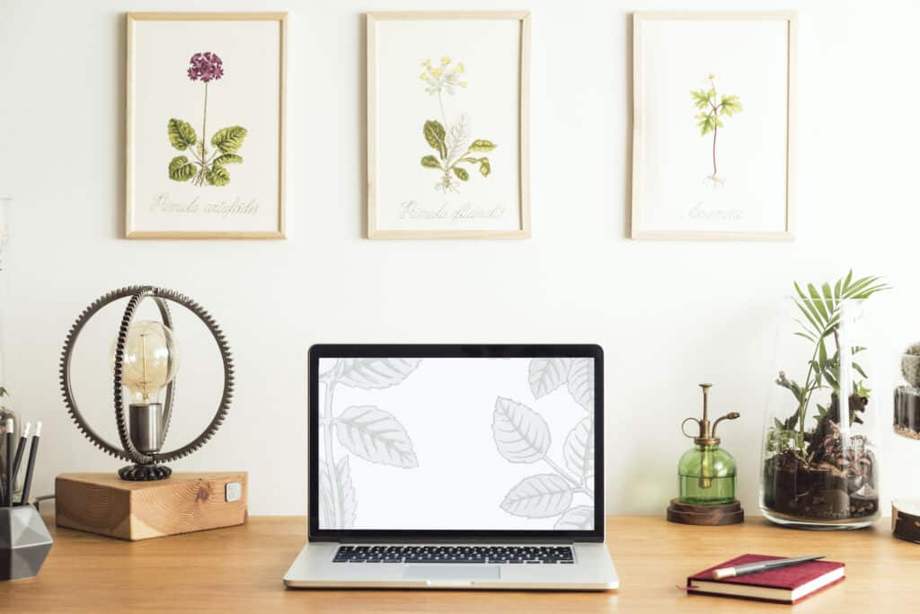 Picture of laptop on desk with plants. 18 Best Online Transcription Jobs For Beginners To Make $2,000 Monthly. Here's how you can work from home and make money.