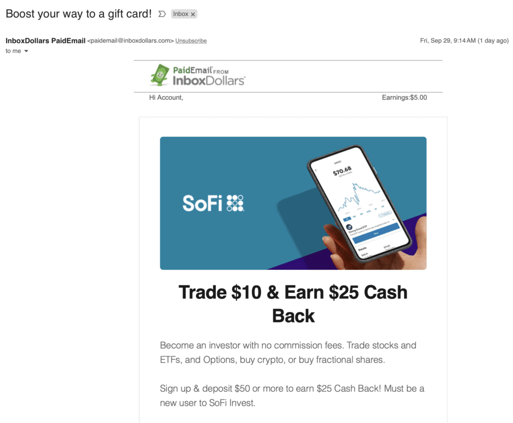 This is a screenshot I took of one of the emails I received from Inboxdollars to get paid to read emails.