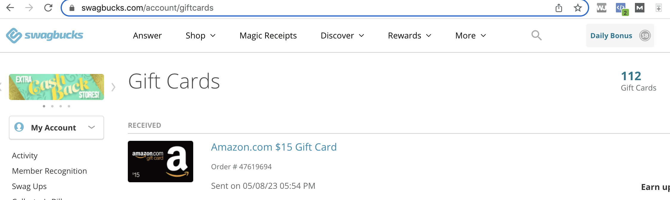 screenshot of the amount of surveys for free gift cards I've received. 
